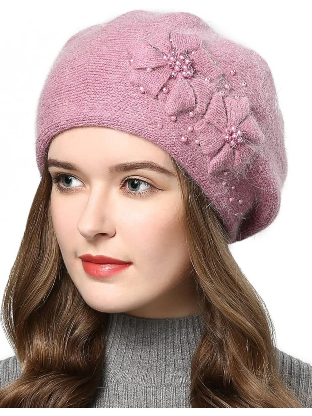 Women's Winter Knit Beret Hat Rabbit Hair French Warm Casual Beanie Hat Pink
